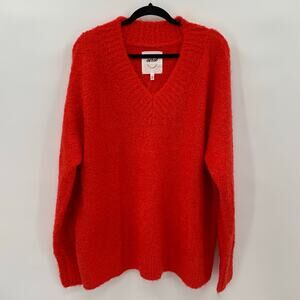 Aerie Women Large Oversized Fuzzy Sweater Red V-Neck Knit Cozy Wool Blend Lounge